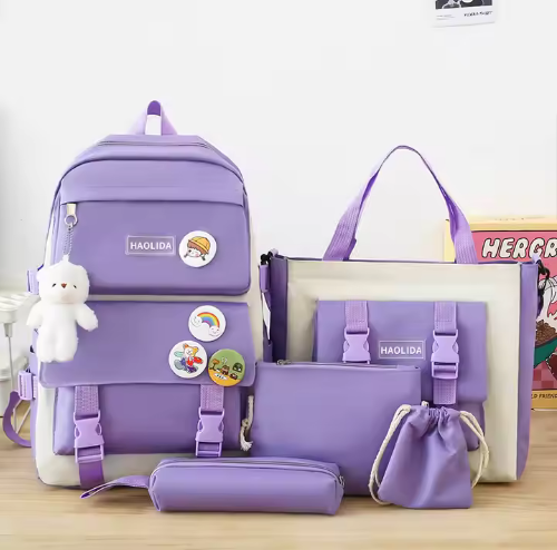Premium 5-Piece Premium Backpack and Shoulder Bag Set for Women - Large Capacity Travel & College Bags with Cute Bear Pendant