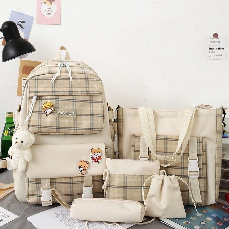 Premium 5-Piece Korean Style Plaid Canvas Backpack Set for Students—Trendy, Waterproof & Versatile Schoolbag Bundle