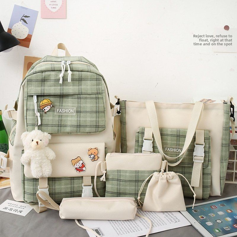 Premium 5-Piece Korean Style Plaid Canvas Backpack Set for Students—Trendy, Waterproof & Versatile Schoolbag Bundle