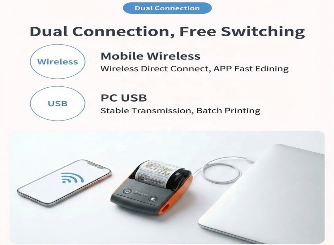 Label and Receipt 2-in-1 58mm thermal POS printer supports Bluetooth and USB is compatible with Android, iOS, Windows and Mac. Ideal for retail stores. Support for cash memo/QR code/barcode