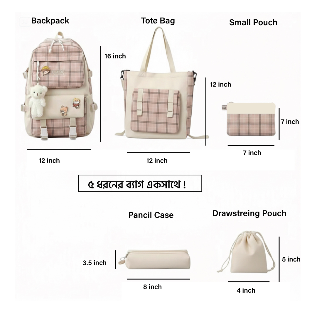 Premium 5-Piece Korean Style Plaid Canvas Backpack Set for Students—Trendy, Waterproof & Versatile Schoolbag Bundle