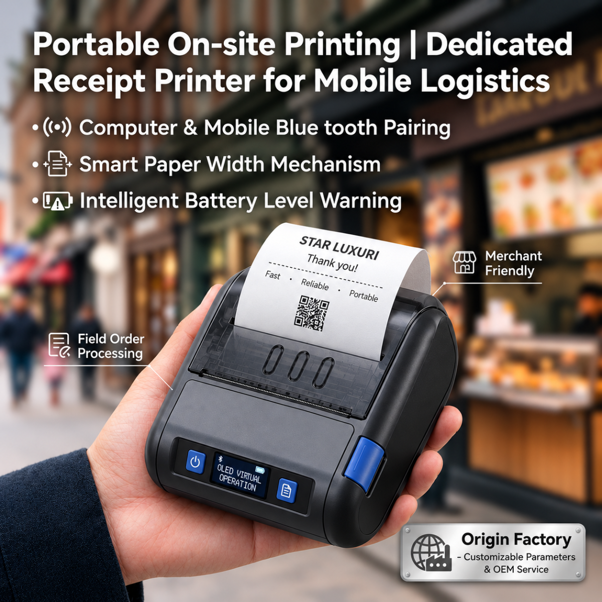 80mm Portable rechargeable Thermal Printer | convenient for label, sticker, and receipt printing | connects via Bluetooth or USB | supports Android, iOS, and Windows