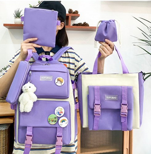 Premium 5-Piece Premium Backpack and Shoulder Bag Set for Women - Large Capacity Travel & College Bags with Cute Bear Pendant