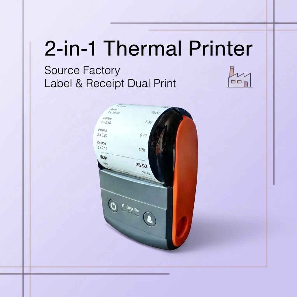Label and Receipt 2-in-1 58mm thermal POS printer supports Bluetooth and USB is compatible with Android, iOS, Windows and Mac. Ideal for retail stores. Support for cash memo/QR code/barcode