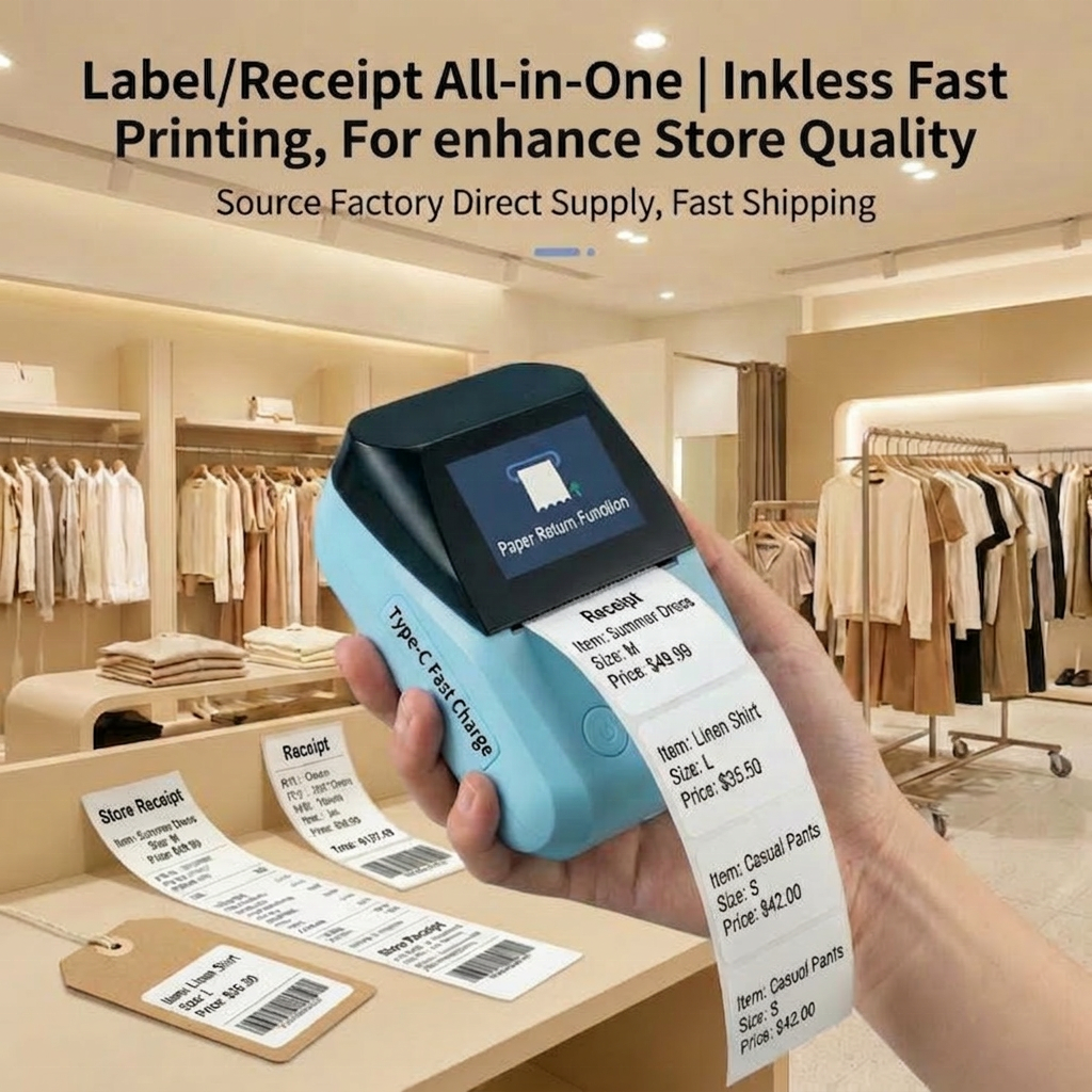 All-in-one 58 mm thermal POS and label printer supports Bluetooth and USB and is compatible with Android, iOS, and Windows. Ideal for supermarkets and retail stores. Support for bill/cash memo/QR code/barcode.
