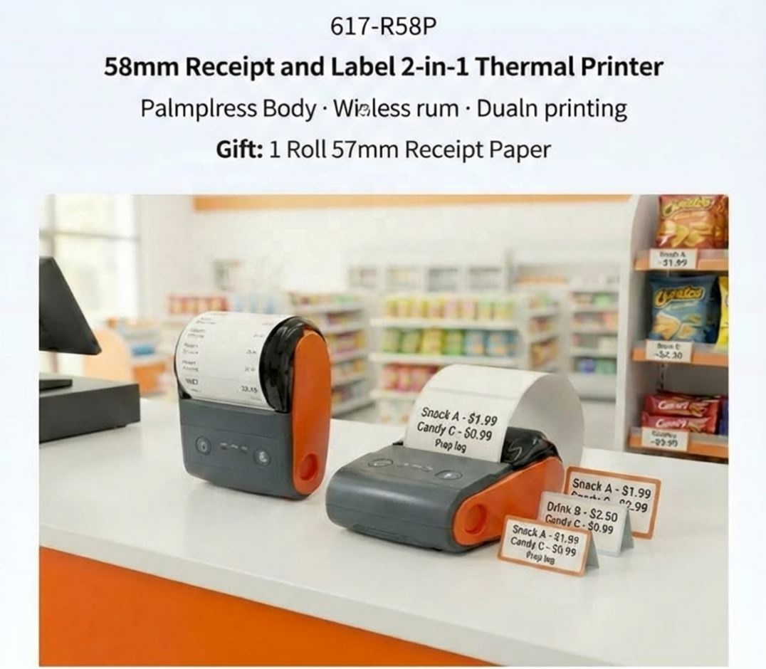 Label and Receipt 2-in-1 58mm thermal POS printer supports Bluetooth and USB is compatible with Android, iOS, Windows and Mac. Ideal for retail stores. Support for cash memo/QR code/barcode