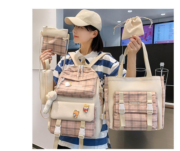 Premium 5-Piece Korean Style Plaid Canvas Backpack Set for Students—Trendy, Waterproof & Versatile Schoolbag Bundle