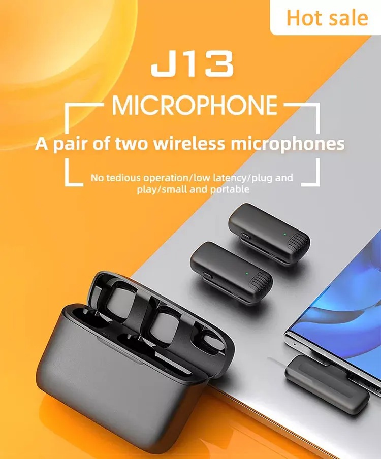 J13 Portable Noise-Canceling Lapel Mic Wireless Dual Microphone With Charging Case For content creators to make live audio videos support android, iphone and windows
