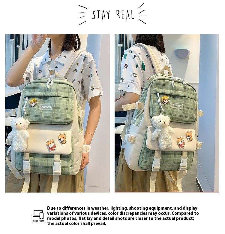 Premium 5-Piece Korean Style Plaid Canvas Backpack Set for Students—Trendy, Waterproof & Versatile Schoolbag Bundle