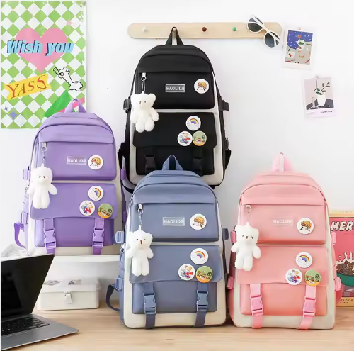 Premium 5-Piece Premium Backpack and Shoulder Bag Set for Women - Large Capacity Travel & College Bags with Cute Bear Pendant