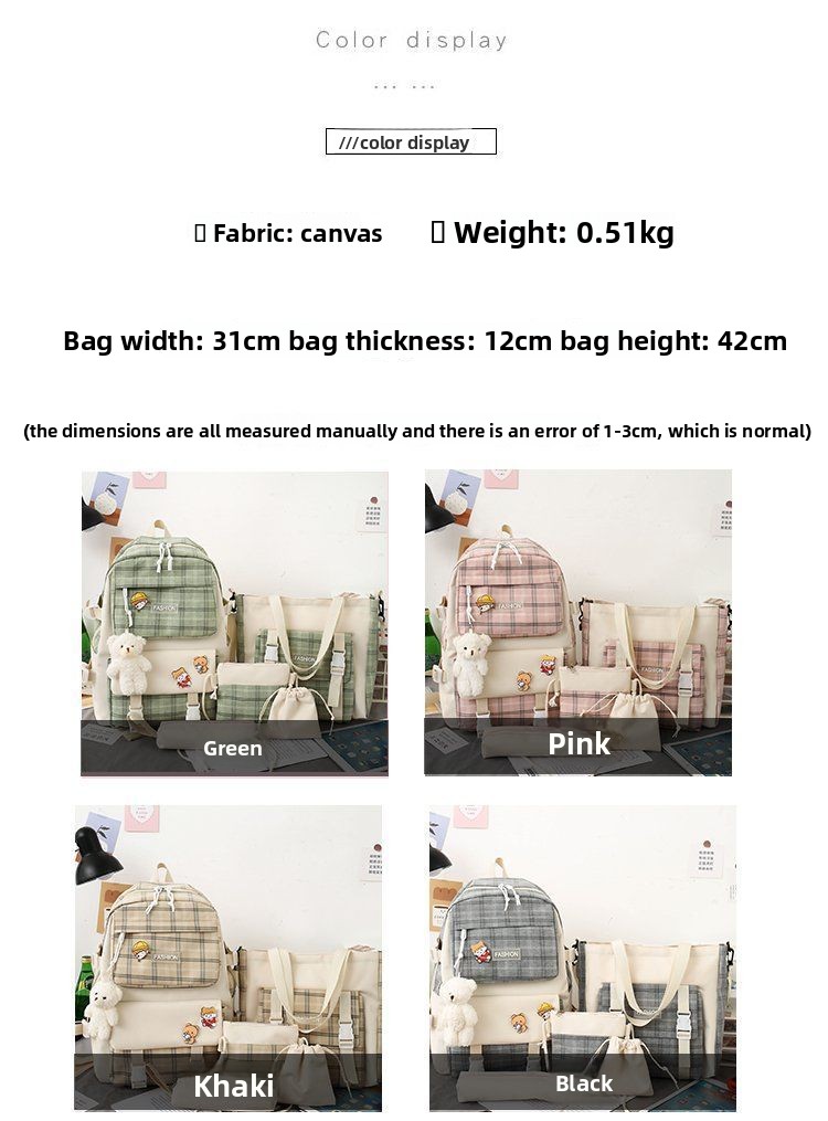 Premium 5-Piece Korean Style Plaid Canvas Backpack Set for Students—Trendy, Waterproof & Versatile Schoolbag Bundle