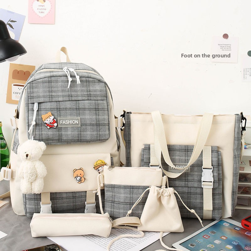 Premium 5-Piece Korean Style Plaid Canvas Backpack Set for Students—Trendy, Waterproof & Versatile Schoolbag Bundle