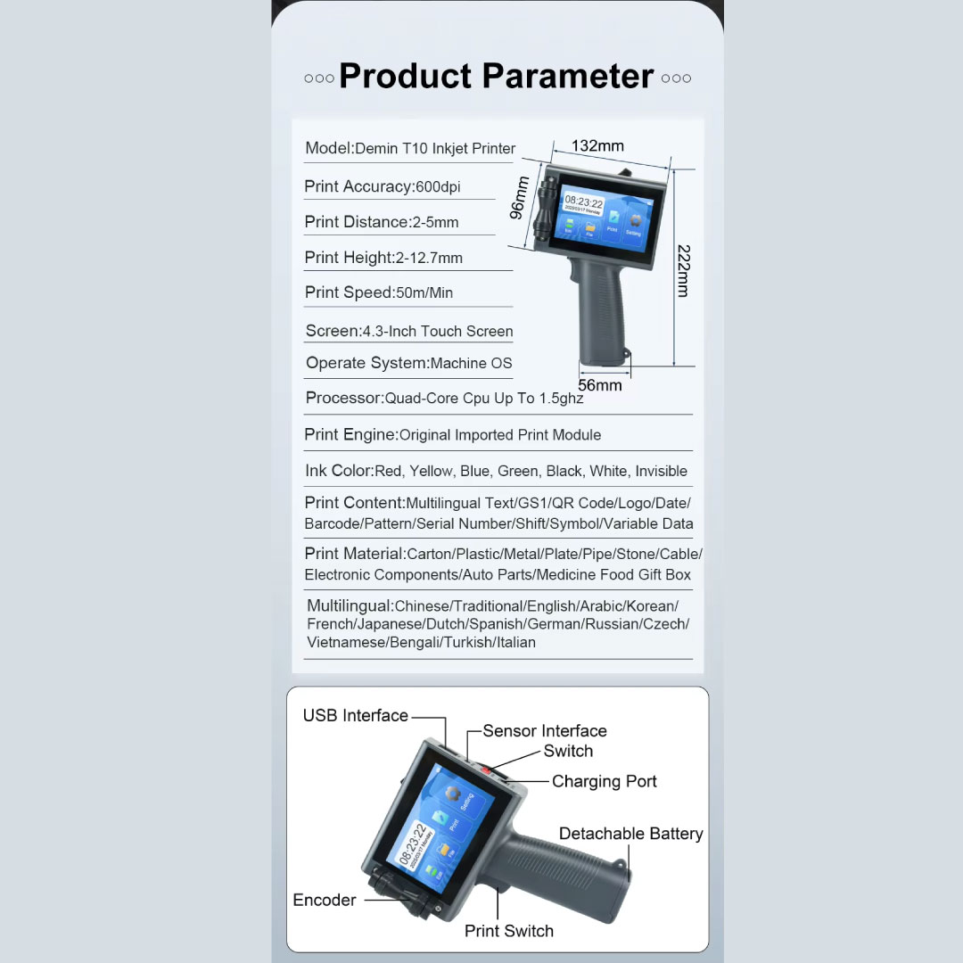 12.7mm High-Definition Portable Inkjet Printer for Barcode, QR Code, and Serial Number Coding - Ultra Light Design, Multi-Language Support