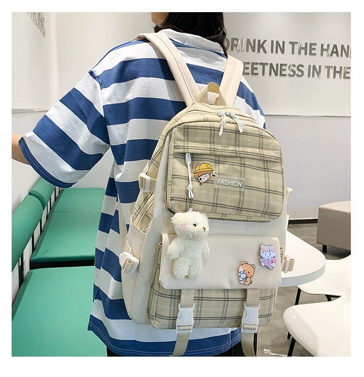 Premium 5-Piece Korean Style Plaid Canvas Backpack Set for Students—Trendy, Waterproof & Versatile Schoolbag Bundle