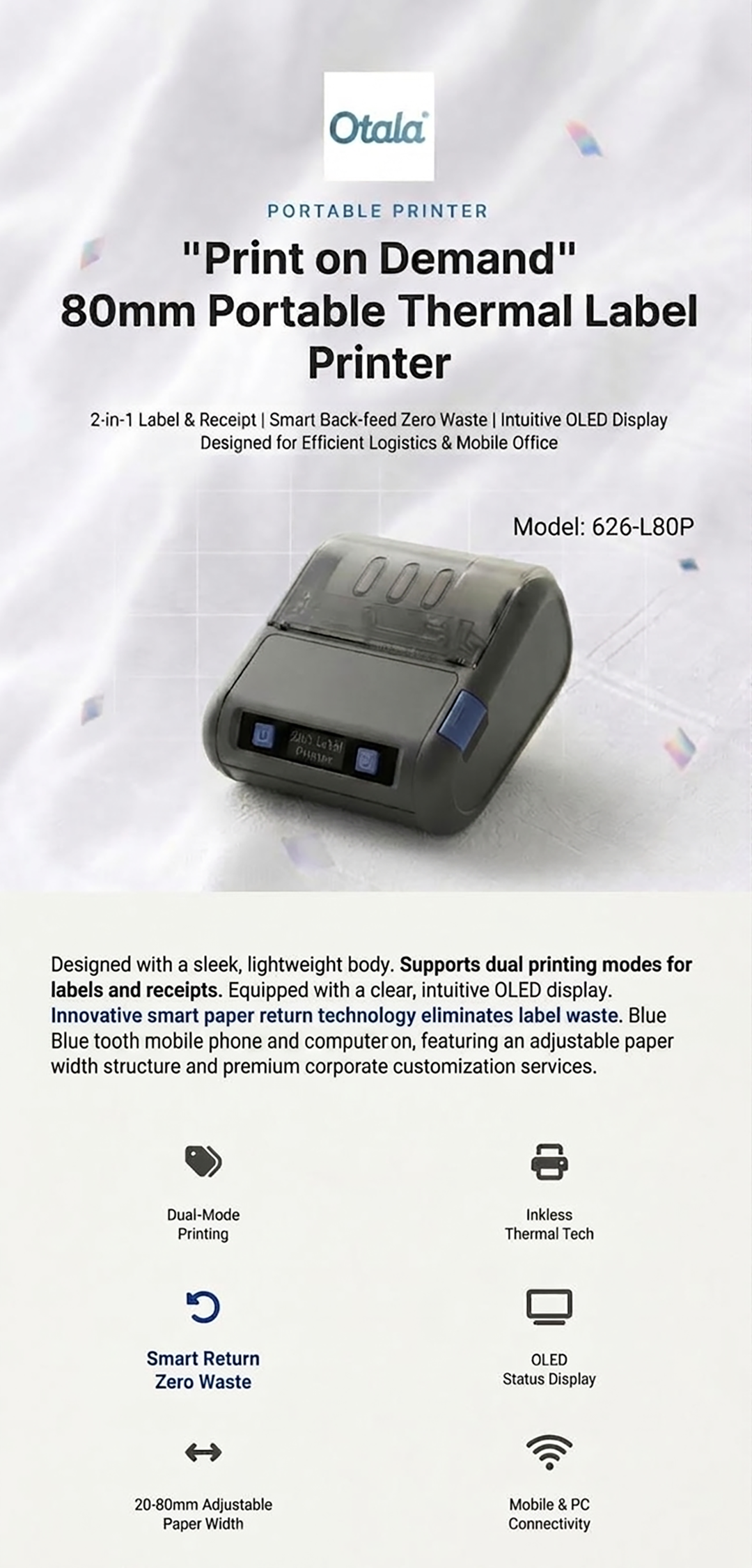 80mm Portable rechargeable Thermal Printer | convenient for label, sticker, and receipt printing | connects via Bluetooth or USB | supports Android, iOS, and Windows
