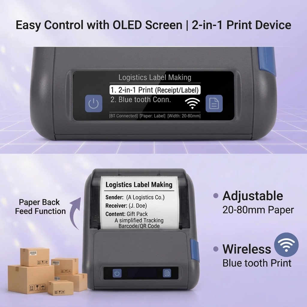 80mm Portable rechargeable Thermal Printer | convenient for label, sticker, and receipt printing | connects via Bluetooth or USB | supports Android, iOS, and Windows