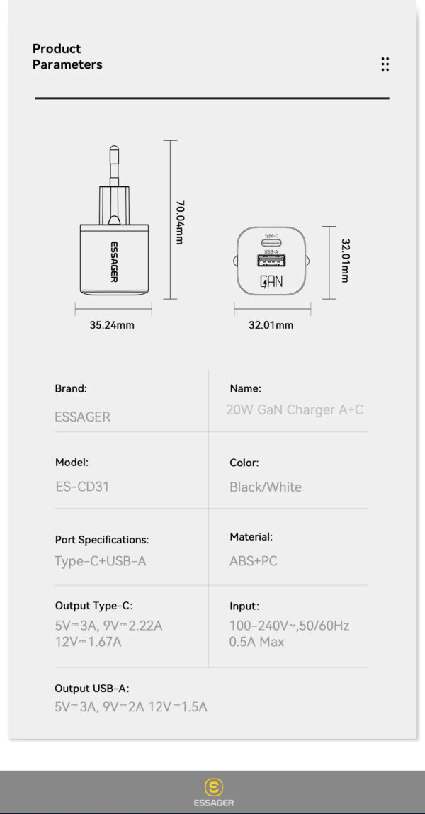 Essager 20W GaN USB-A and Type-C PD Fast Charger - Image 2