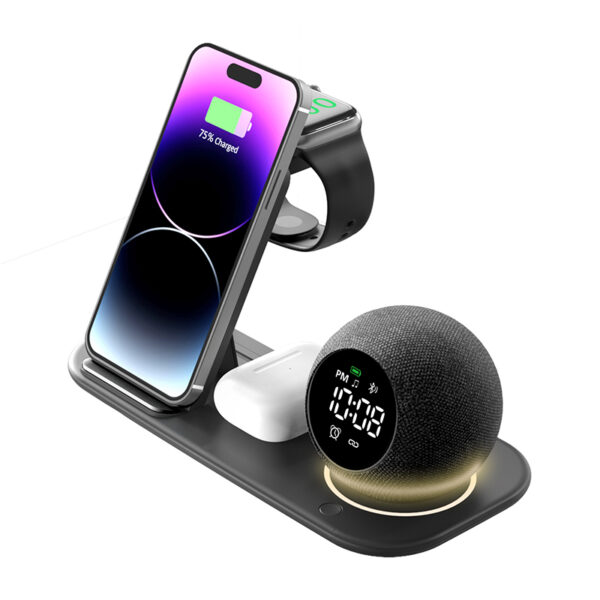 6 in 1 Wireless Charger Speaker Alarm Clock LED Light 15W Qi Fast Desktop Charger for iPhone for IWatch for AirPod