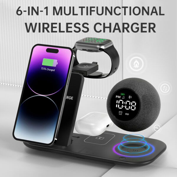 6 in 1 Wireless Charger Speaker Alarm Clock LED Light 15W Qi Fast Desktop Charger for iPhone for IWatch for AirPod - Image 2