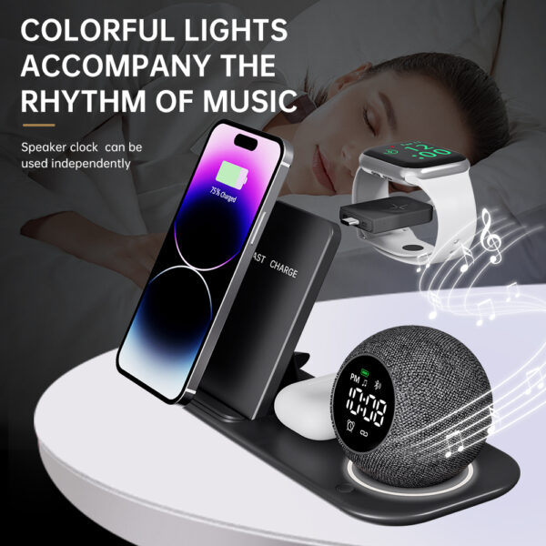 6 in 1 Wireless Charger Speaker Alarm Clock LED Light 15W Qi Fast Desktop Charger for iPhone for IWatch for AirPod - Image 4