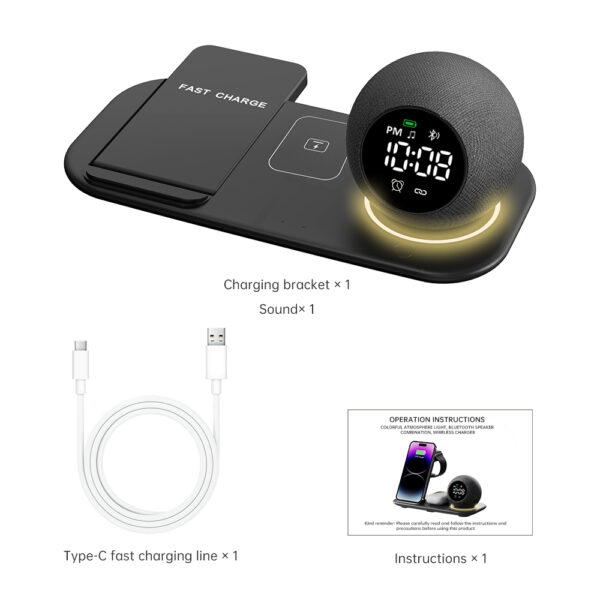 6 in 1 Wireless Charger Speaker Alarm Clock LED Light 15W Qi Fast Desktop Charger for iPhone for IWatch for AirPod - Image 6