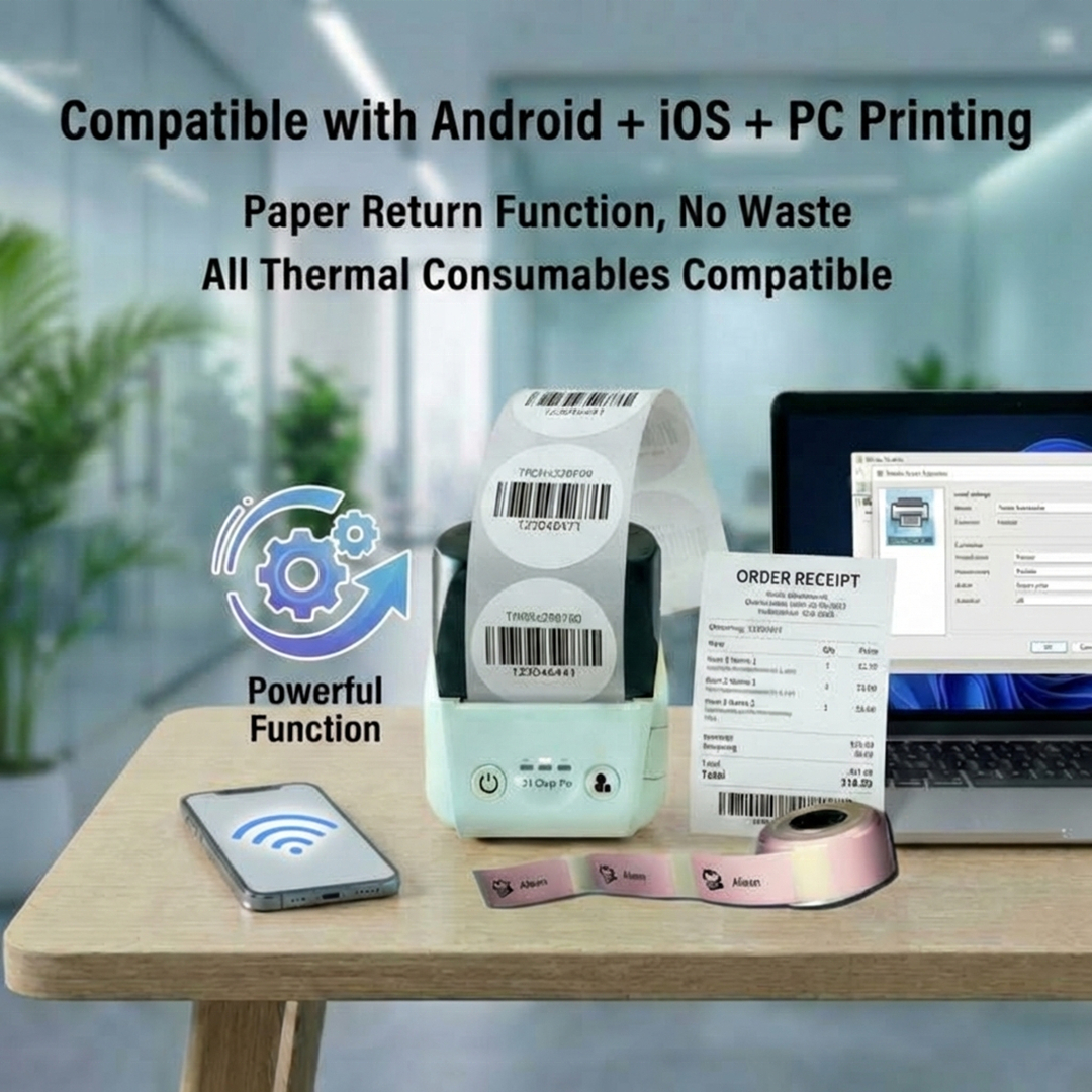 All-in-one 58 mm thermal POS and label printer supports Bluetooth and USB and is compatible with Android, iOS, and Windows. Ideal for supermarkets and retail stores. Support for bill/cash memo/QR code/barcode.