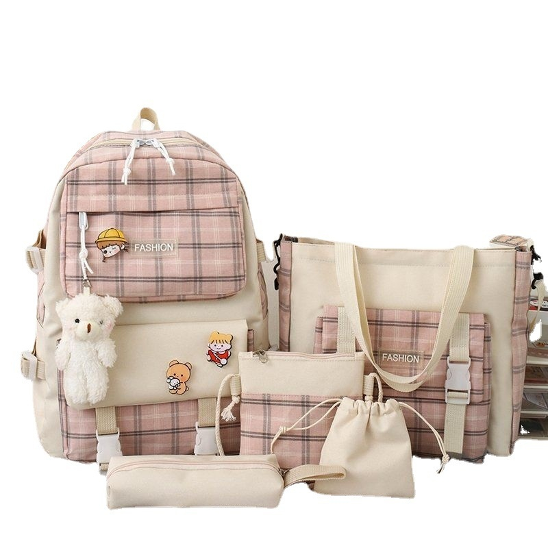 Premium 5-Piece Korean Style Plaid Canvas Backpack Set for Students—Trendy, Waterproof & Versatile Schoolbag Bundle