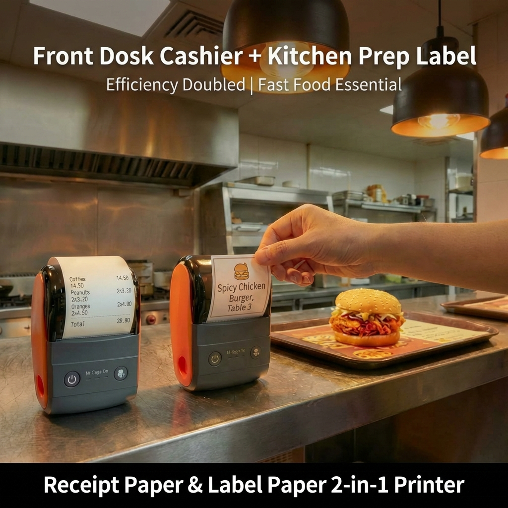 Label and Receipt 2-in-1 58mm thermal POS printer supports Bluetooth is compatible with Android, iOS. Ideal for supermarkets and retail stores. Support for bill/cash memo/QR code/barcode.58 mm thermal POS and label printer supports Bluetooth