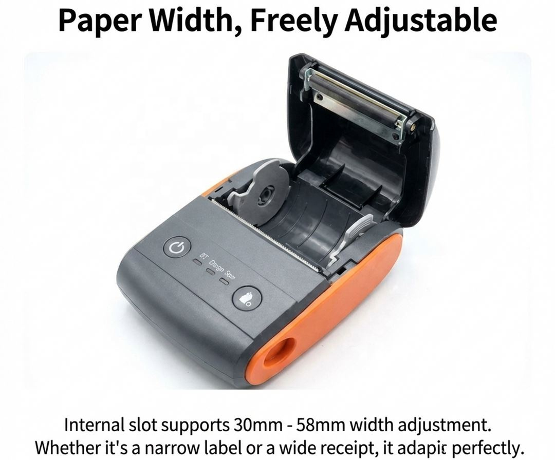 Label and Receipt 2-in-1 58mm thermal POS printer supports Bluetooth is compatible with Android, iOS. Ideal for supermarkets and retail stores. Support for bill/cash memo/QR code/barcode.58 mm thermal POS and label printer supports Bluetooth
