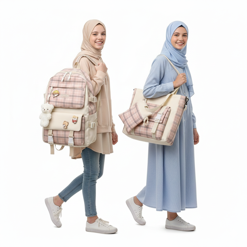 Premium 5-Piece Korean Style Plaid Canvas Backpack Set for Students—Trendy, Waterproof & Versatile Schoolbag Bundle