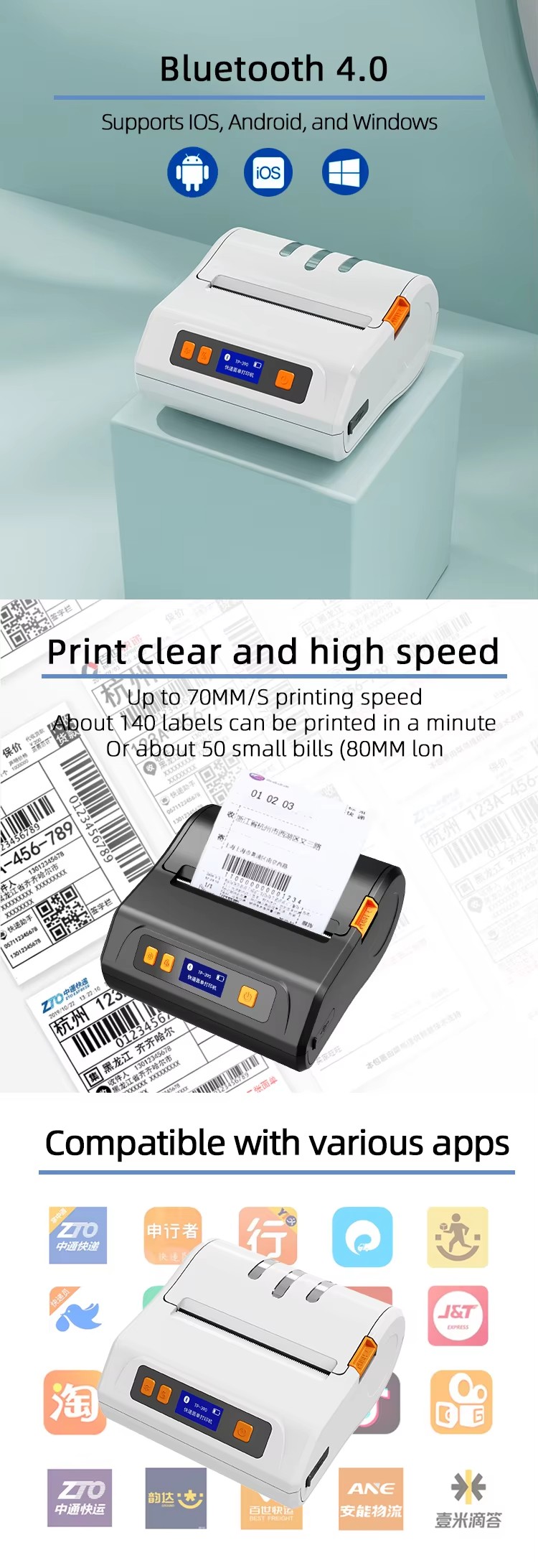All in one 80mm Portable Bluetooth Thermal Label and Receipt Printer - Wireless Mini Receipt & Barcode Maker for Android and iOS and windows
