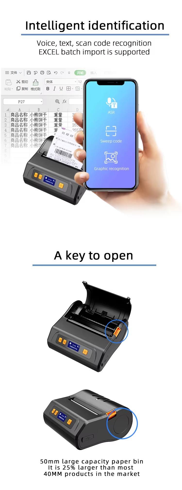 All in one 80mm Portable Bluetooth Thermal Label and Receipt Printer - Wireless Mini Receipt & Barcode Maker for Android and iOS and windows