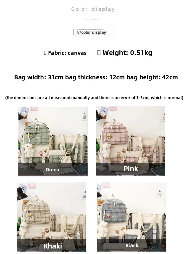 Premium 5-Piece Korean Style Plaid Canvas Backpack Set for Students—Trendy, Waterproof & Versatile Schoolbag Bundle