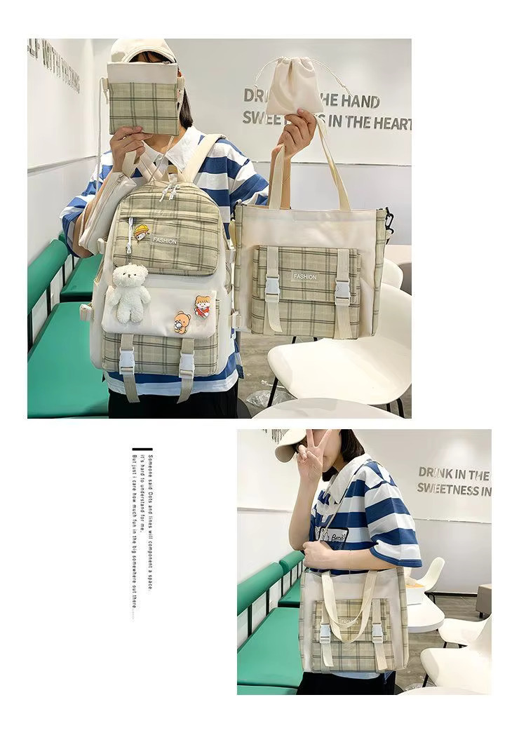 Premium 5-Piece Korean Style Plaid Canvas Backpack Set for Students—Trendy, Waterproof & Versatile Schoolbag Bundle