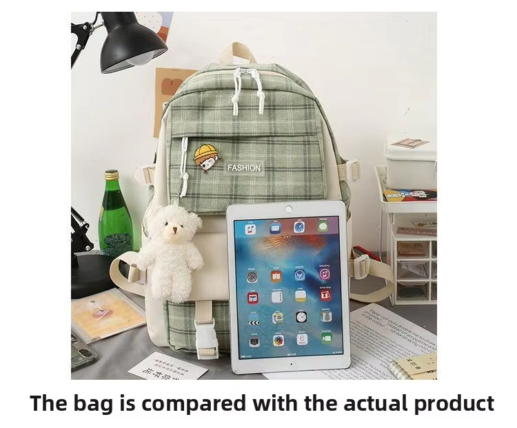 Premium 5-Piece Korean Style Plaid Canvas Backpack Set for Students—Trendy, Waterproof & Versatile Schoolbag Bundle