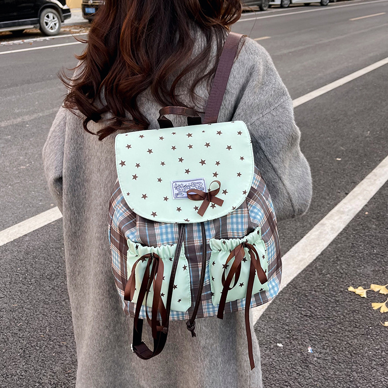 Korean Style Trendy Ins Nylon Breathable Backpack for Women - Large Capacity Plaid school and Travel Bag